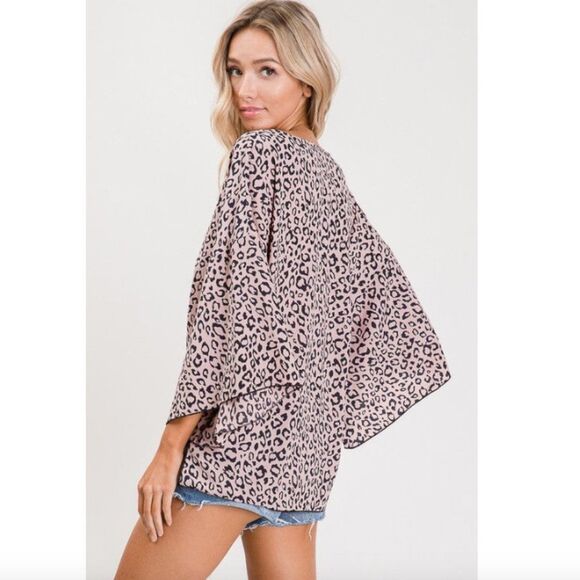 Leopard Forever Pink Black Animal Print Tie Front Kimono Wrap Top - Picture 2 of 4